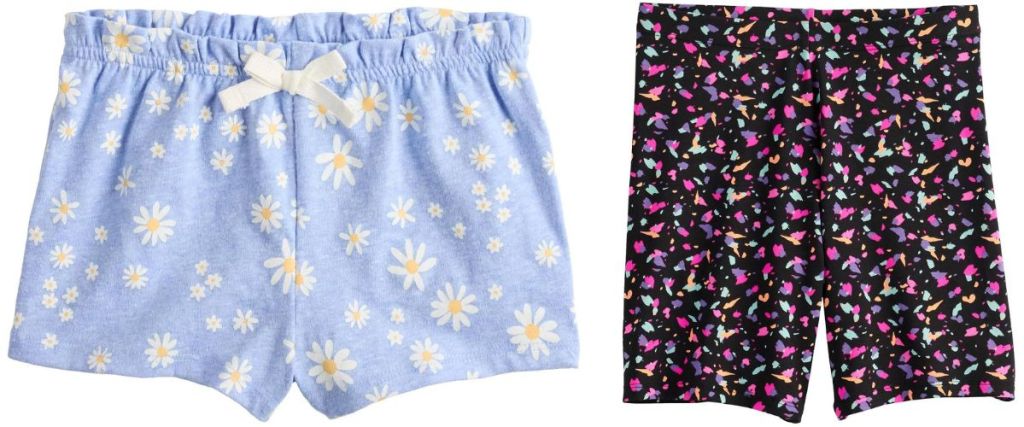 blue and yellow girls flower shorts and colorful girls neon shorts