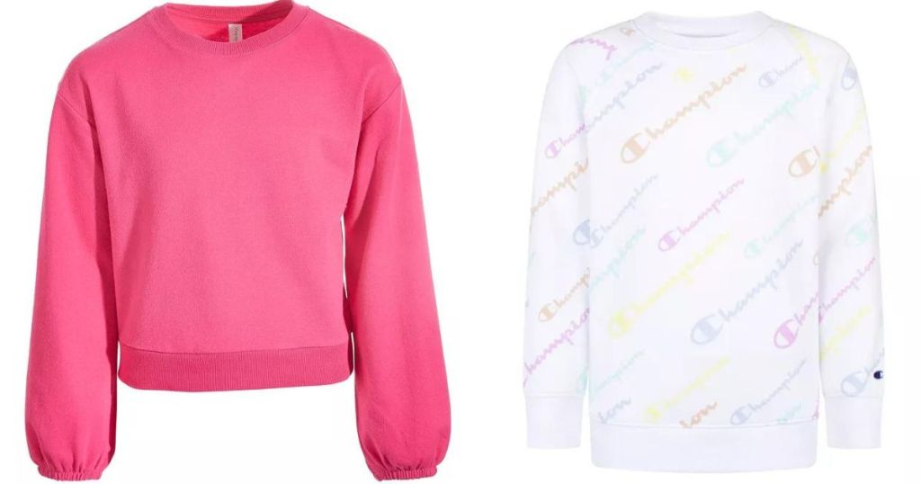 pink girls sweatshirta nd multicolored Champion sweatshirt
