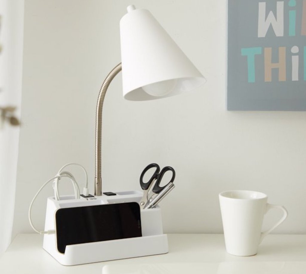 white task lamp on desk with organizer