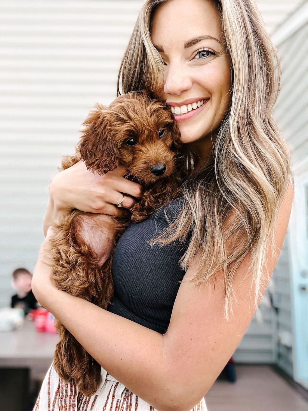 woman holding brown golden doodle puppy