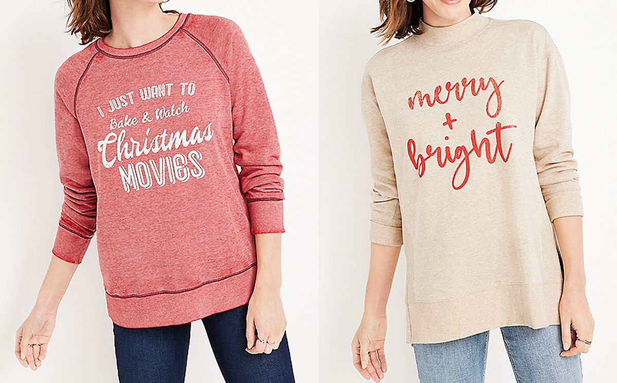 two women in christmas sweatshirts