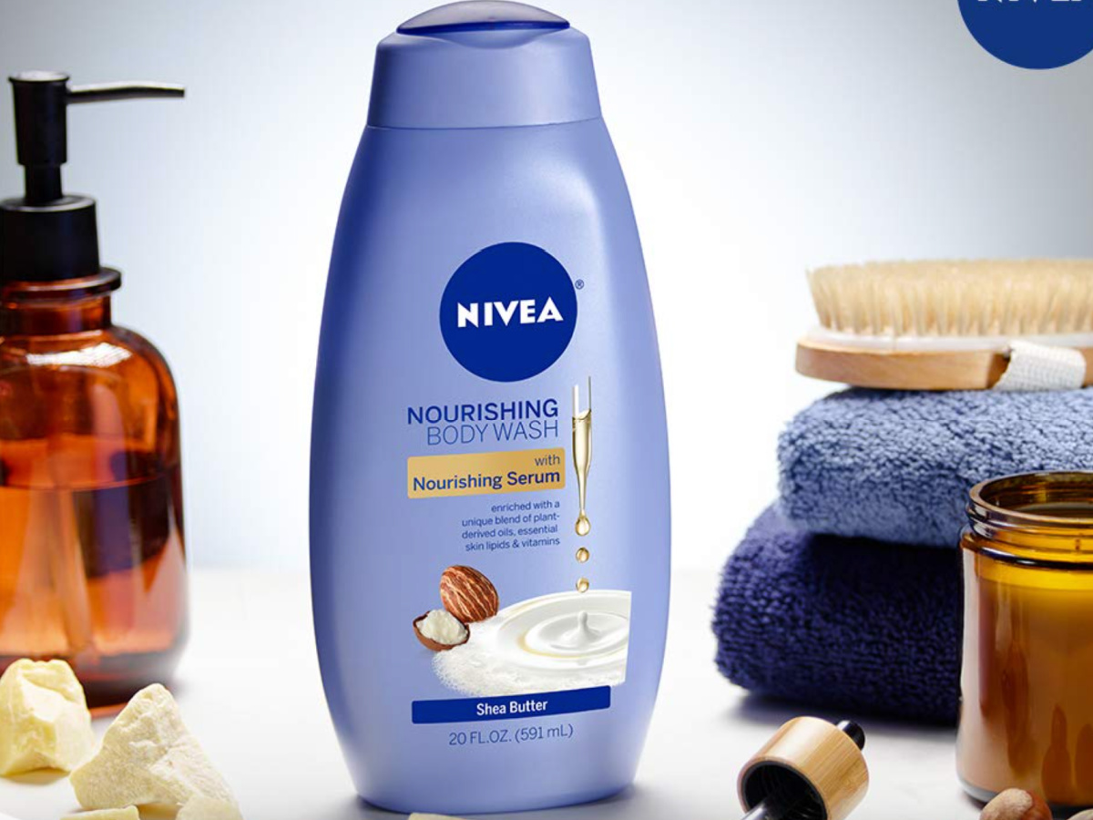 bottle of nivea body wash displayed with personal care items