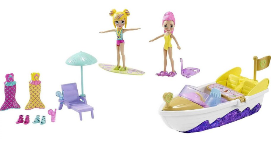 two polly pocket dolls with mermaid accessories like boat, tails, surfboard, and more