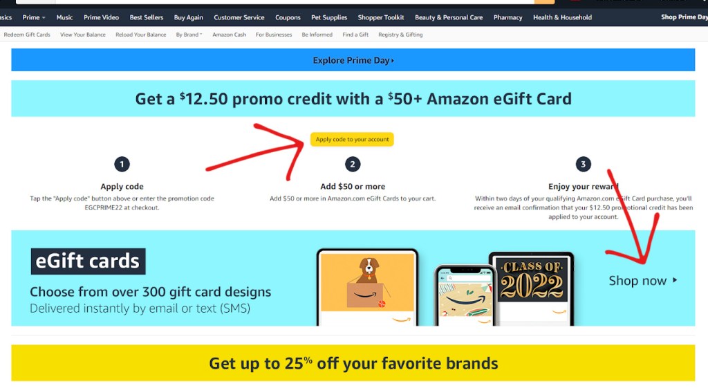 screenshot showing the steps for prime day amazon gift card promo