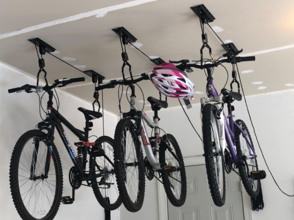 bikes hanging from garage ceiling