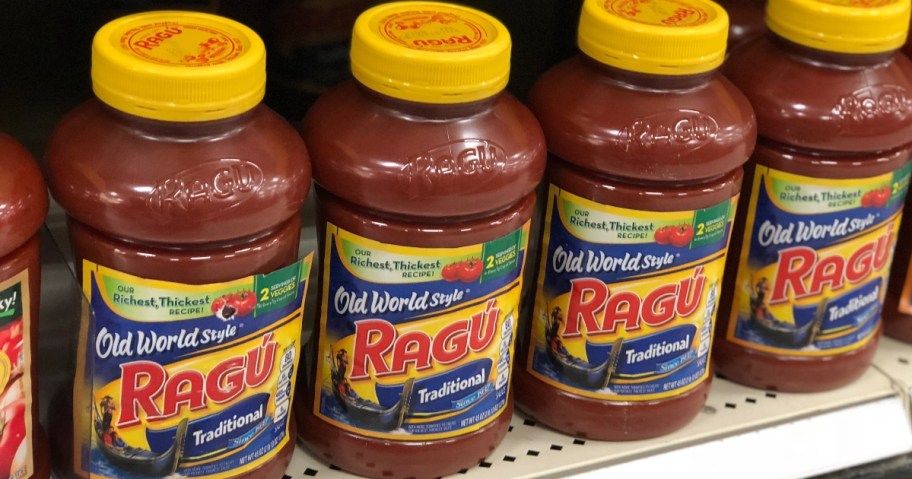 jars of Ragu sauce on store shelf