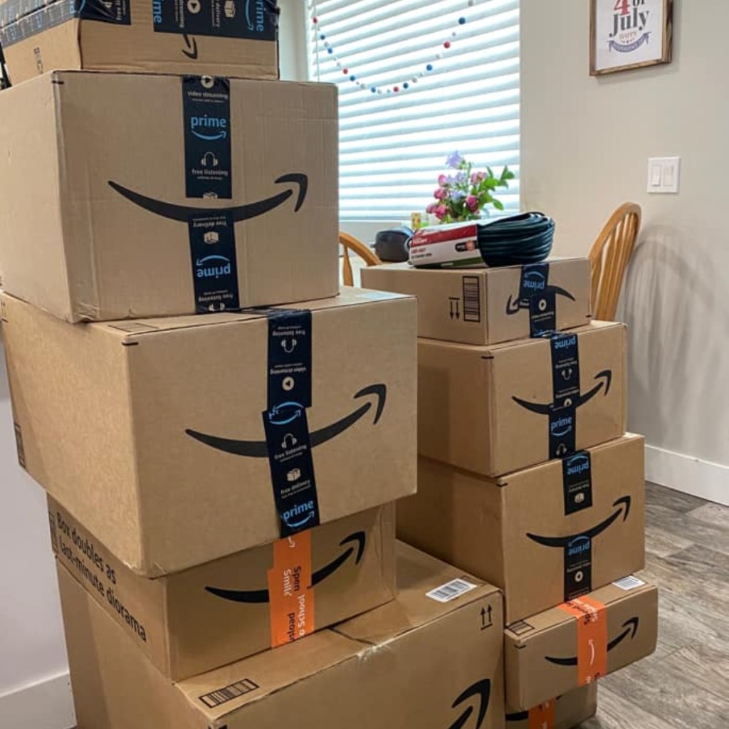 stacks of Amazon boxes