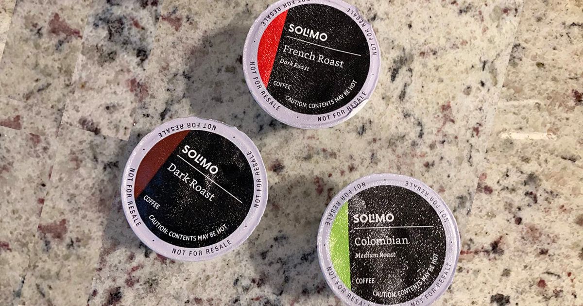 three solimo coffee k-cups on a granite surface