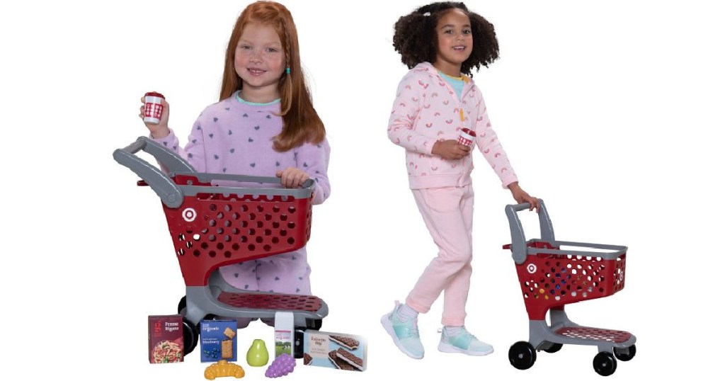 Kids playing with a Target shopping cart toy