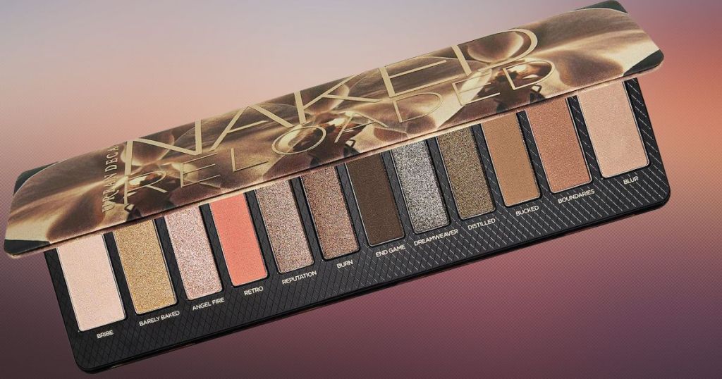 Urban Decay eyeshadow palette opened with colorful background