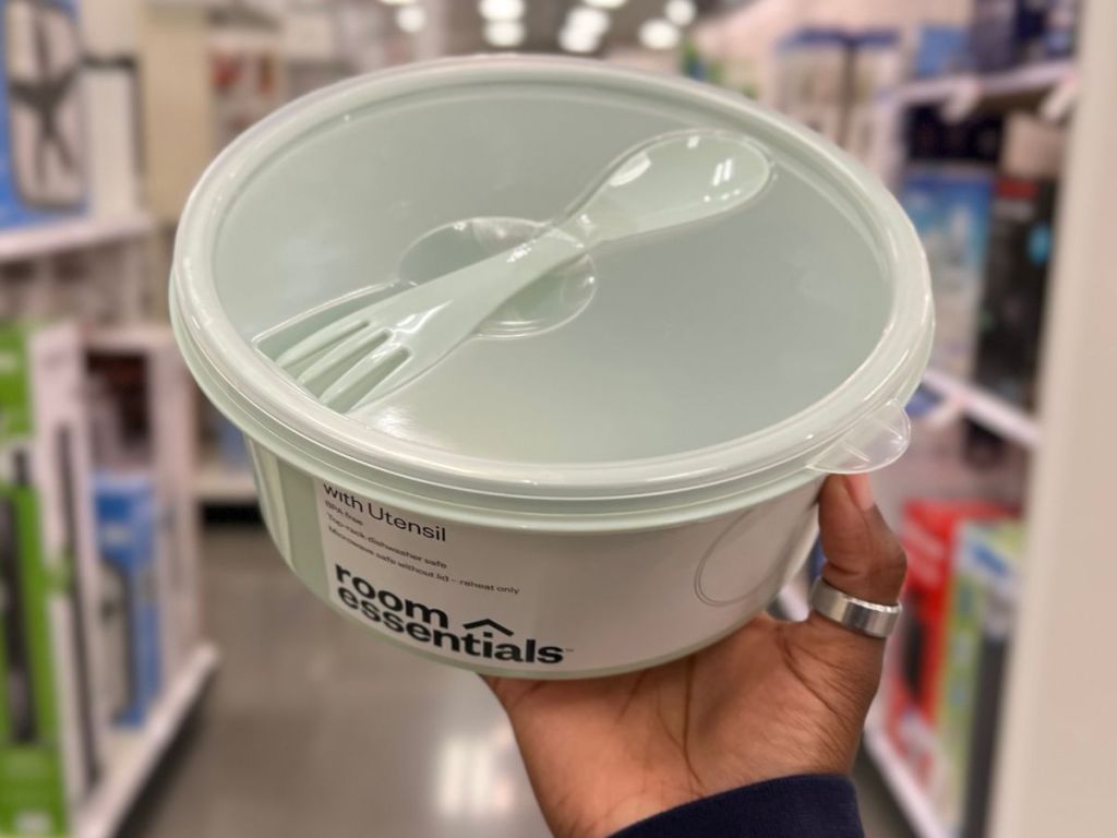 Room Essentials Plastic Round Bento Boxe with a Utensil in woman's hand at Target