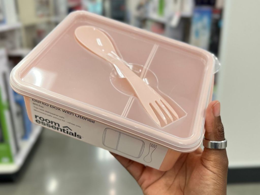 Room Essentials Plastic Square Bento Box shown in woman's hand at Target