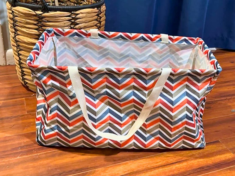 blue orange white chevron pattern large utility tote bag on the floor