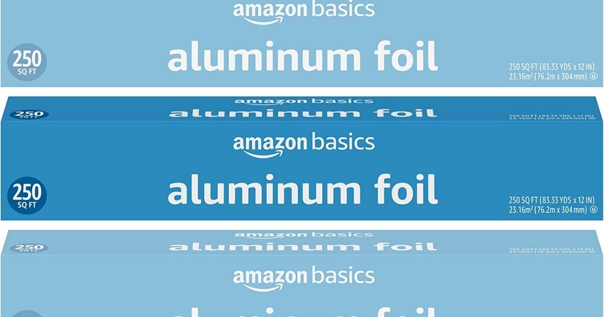 three stacked stock images of Amazon Basics Aluminum Foil 250 Square Foot Roll packaging