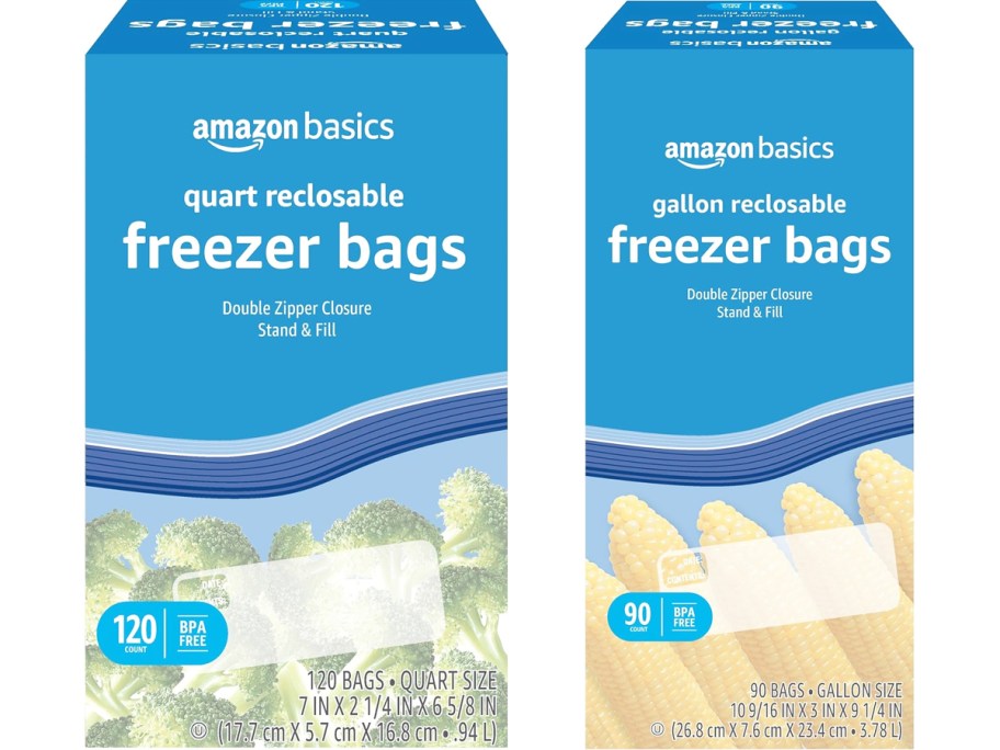 two boxes of Amazon Basics Freezer Bags