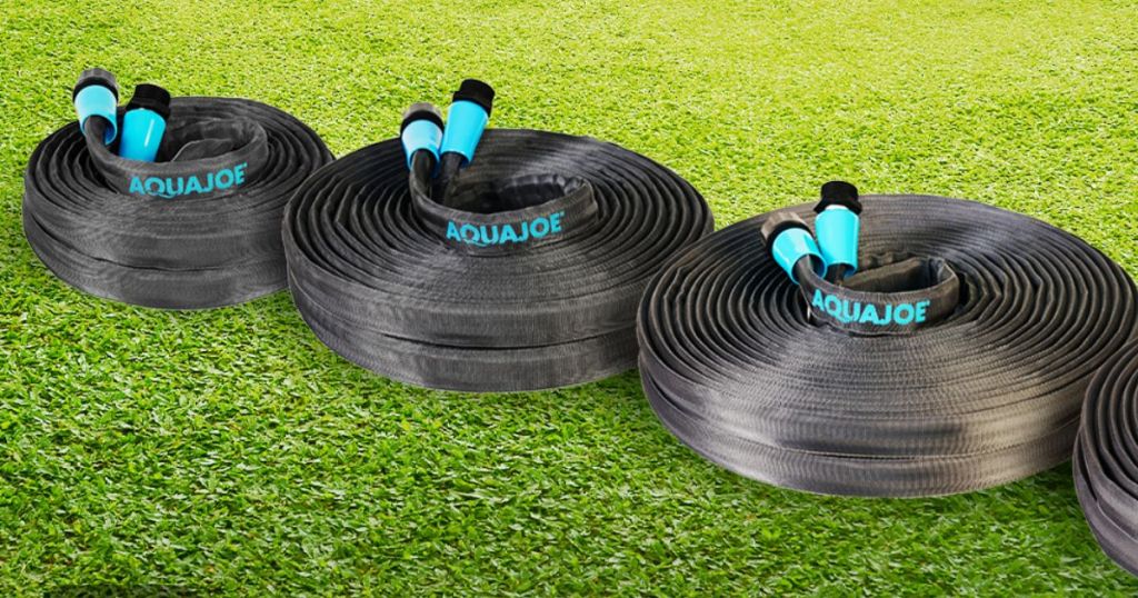 3 different sized aquajoe hoses on lawn