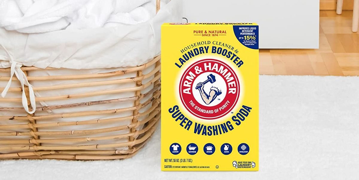 Arm and Hammer Laundry soda super washing detergent with a basket of clean laundry