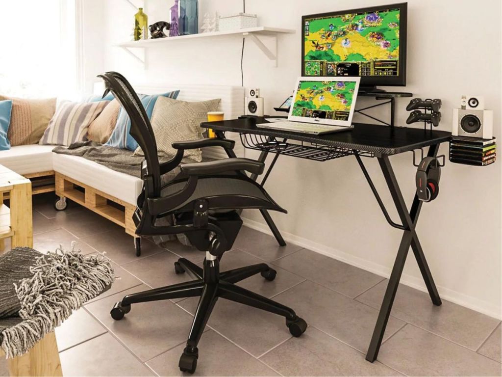 Atlantic Pro Gaming Desk with monitor and laptop on it