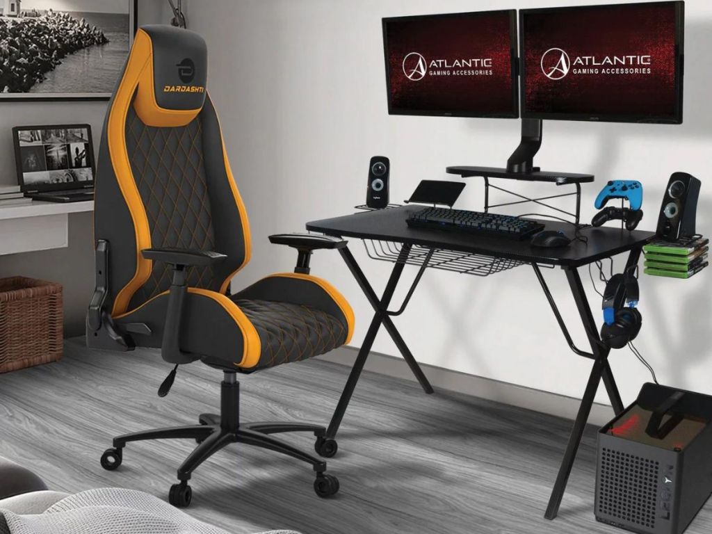 Atlantic Pro Gaming Desk with dual monitor on it