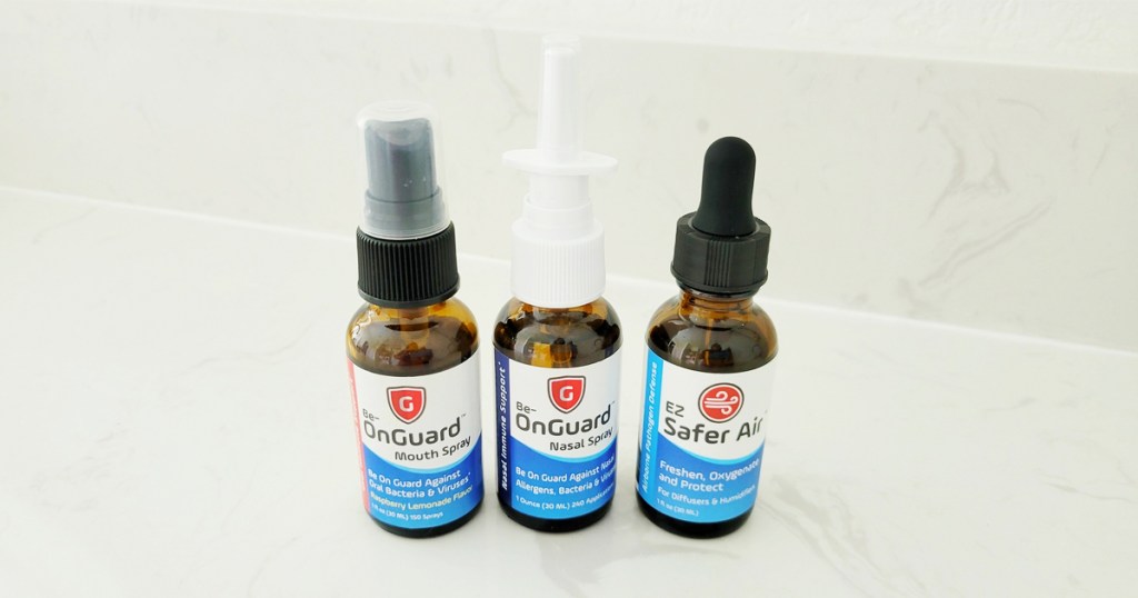 set of be onguard throat spray, nasal spray, and oil
