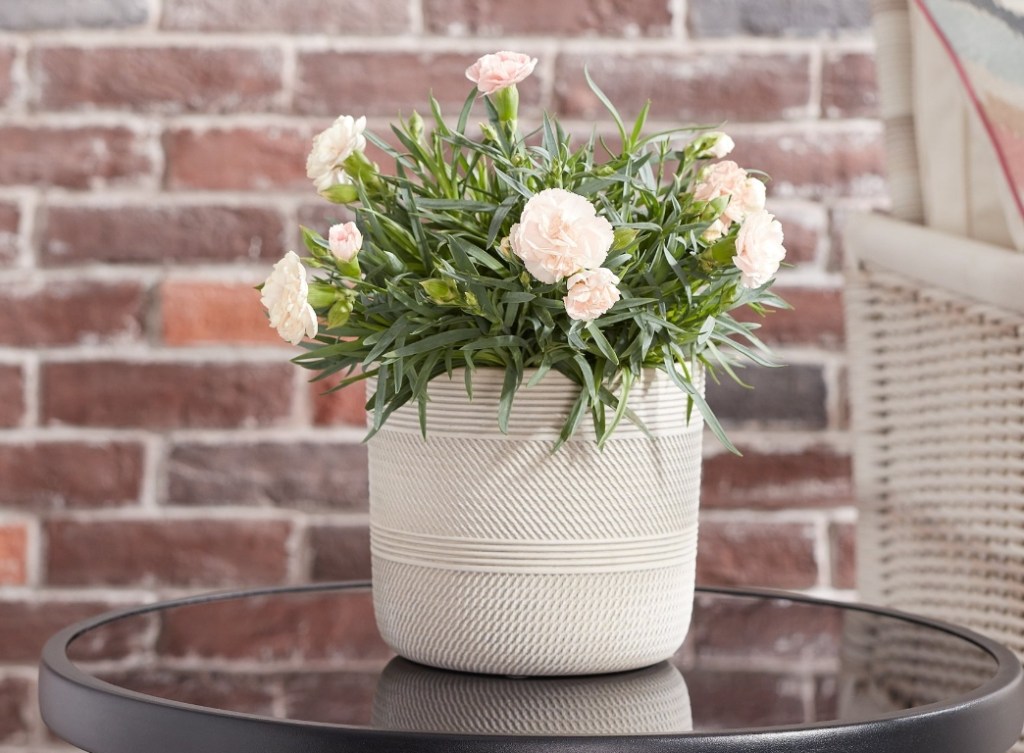 Planter sitting on a small table with flowers in it