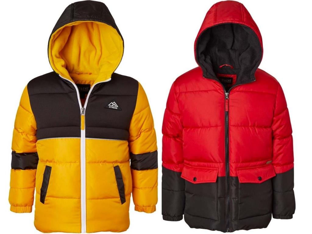 boys yellow and red puffer coats