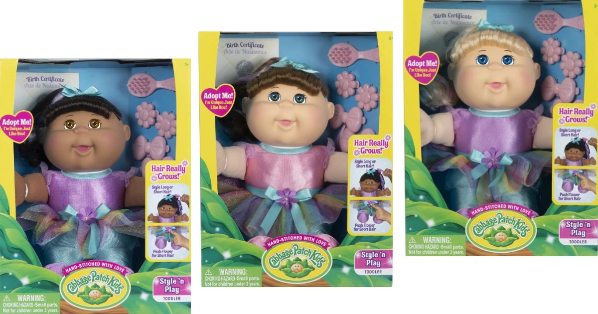 three stock images of Cabbage Patch Kids Toddler dolls deluxe Style ‘N Play packages