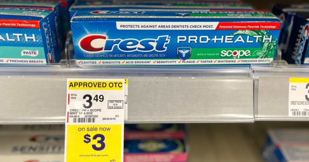 Crest Pro Health Toothpaste with Scope on display in walgreens store