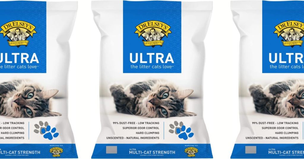three bags of dr elsey cat litter in a row