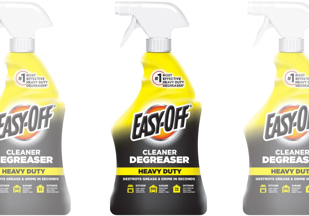 three bottles of Easy-Off Heavy Duty Degreaser Cleaner Spray