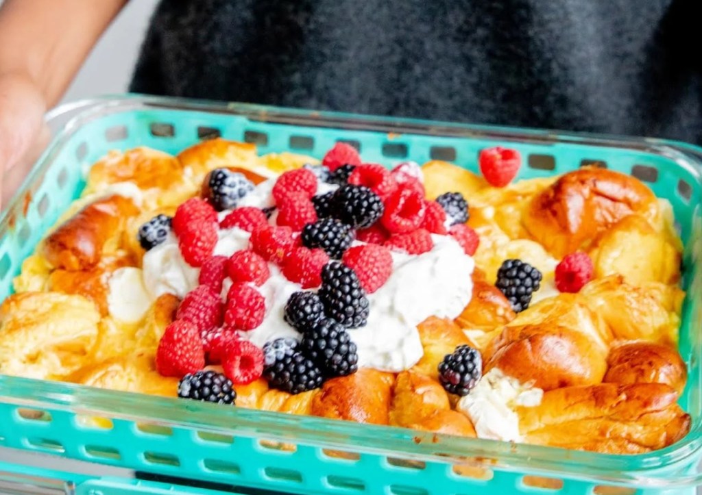 glass pan with fruit dessert in it