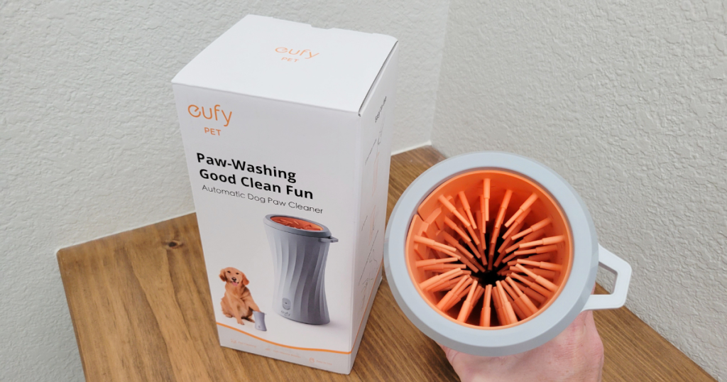 Eufy Automatic Dog Paw Cleaner and box on table
