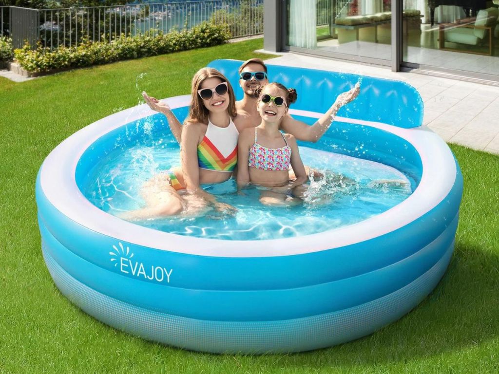 3 people in round Evajoy inflatable pool outdoors
