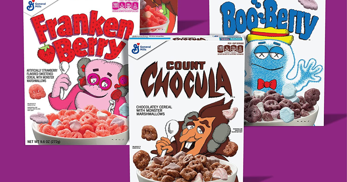 four boxes of Halloween themed cereal
