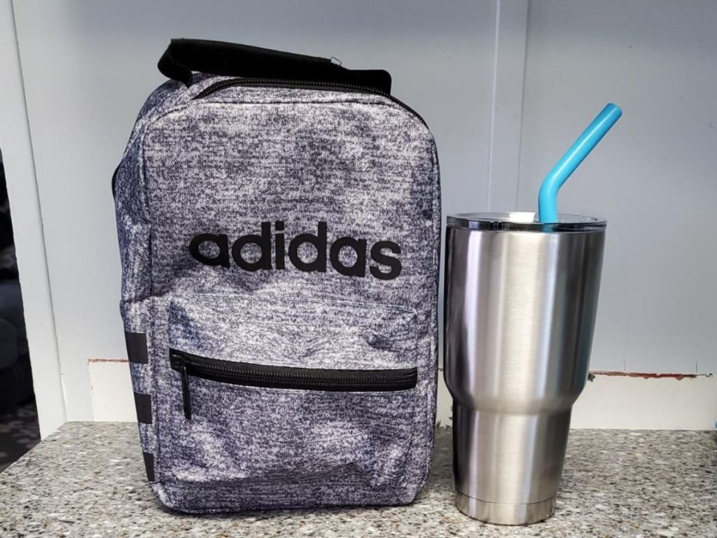 Adidas Santiago 2 Insulated Lunch Bag shown on counter with a tumbler