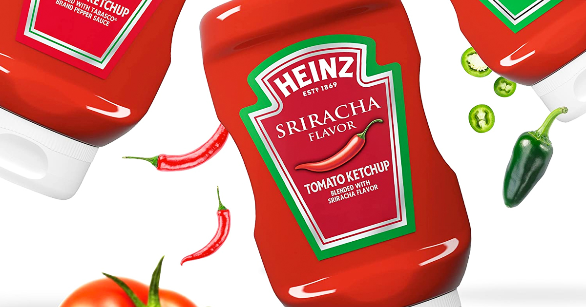 Heinz Sriracha Ketchup bottles on white background