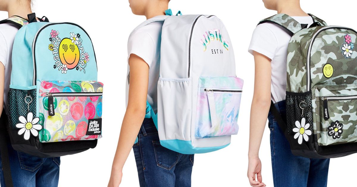 three side by side stock images of kids wearing Justice Backpacks