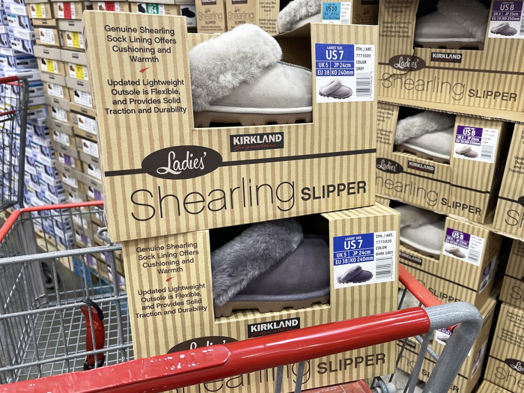 boxes of slippers in costco cart
