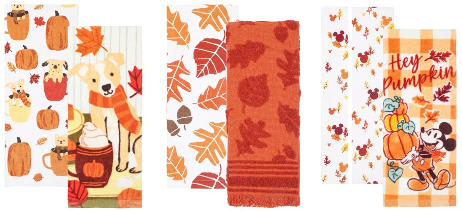 three sets of fall kitchen towels