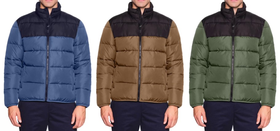 three men in blue, brown, and green puffer jackets