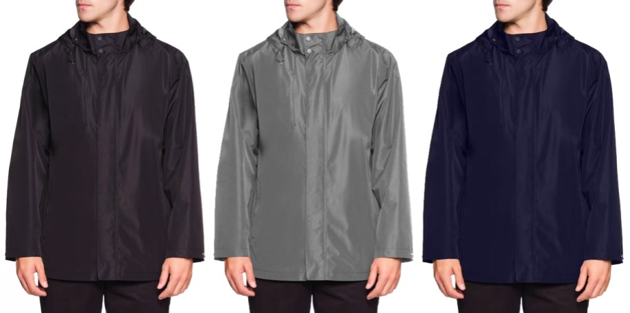 three men in black, grey, and navy blue rain jackets