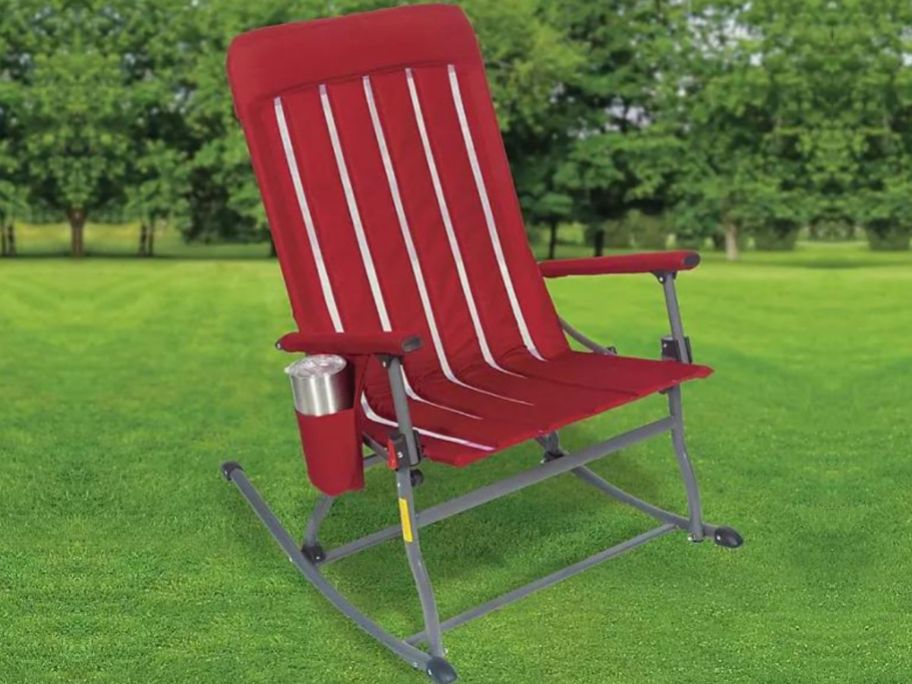 A red member's mark folding rocking chair
