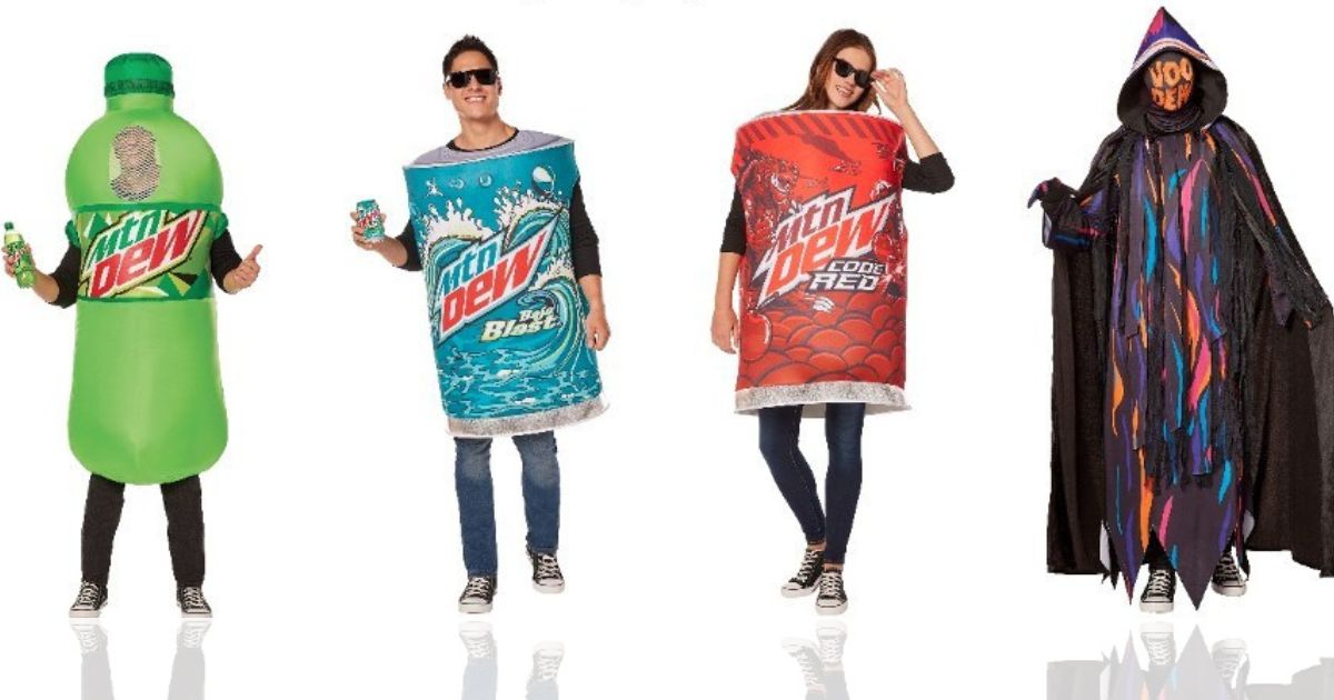 four side by side stock images of people wearing mountain dew costumes for halloween