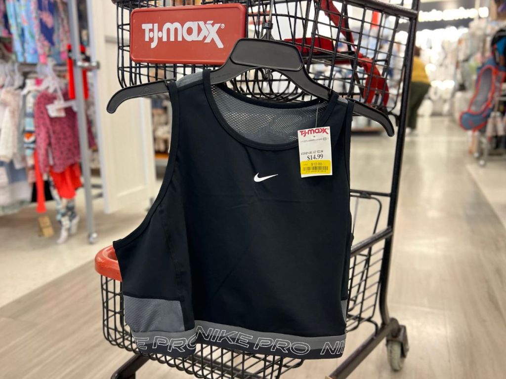 A black Nike Sports Bra on a cart