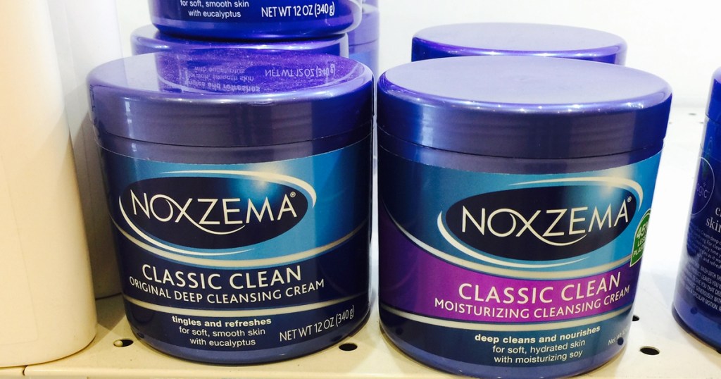 blue Noxzema jars on store shelf