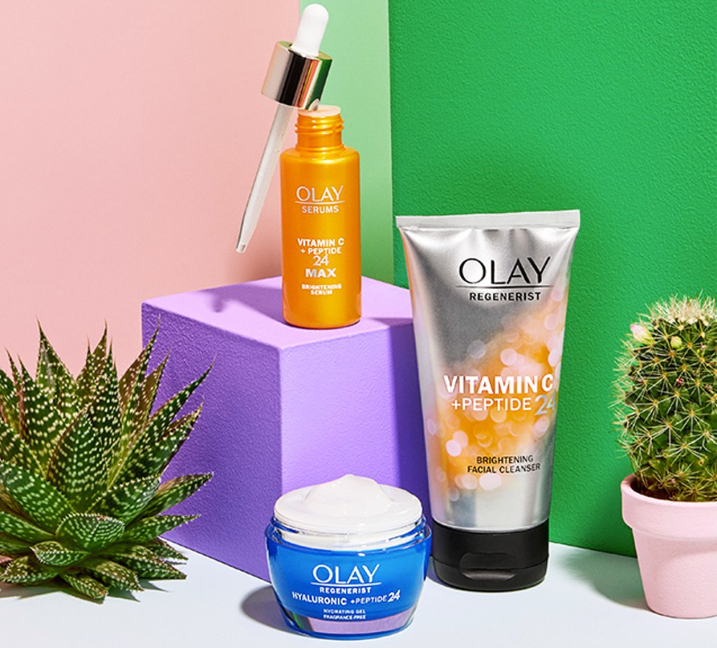 olay cleanser, moisturizer, and serum