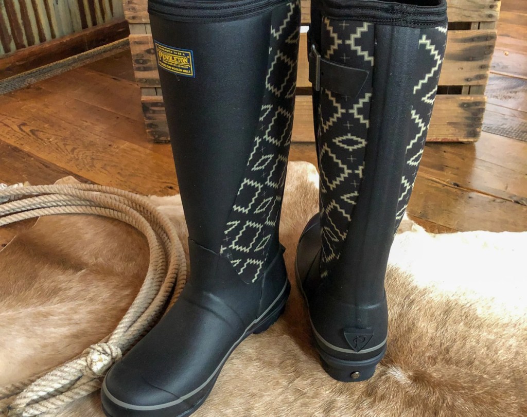 pair of tall black geometric print rain boots