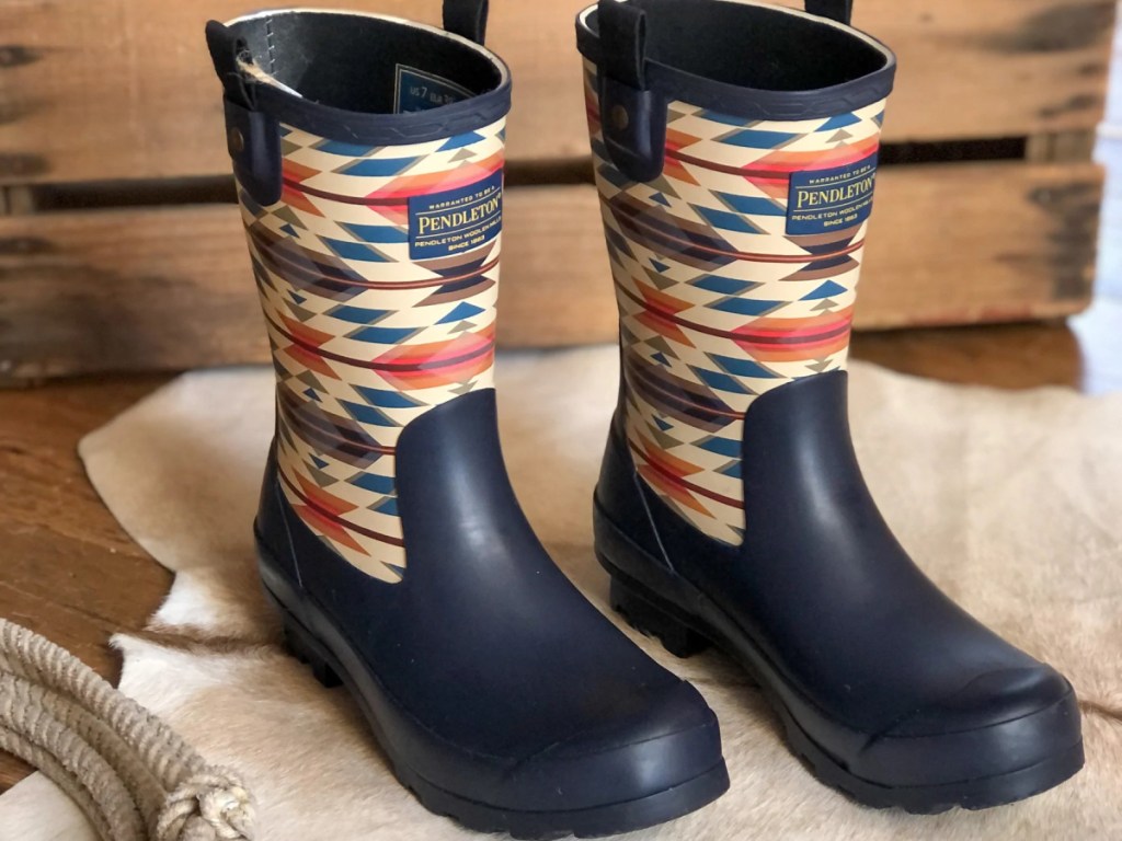 pair of blue geometric print rain boots