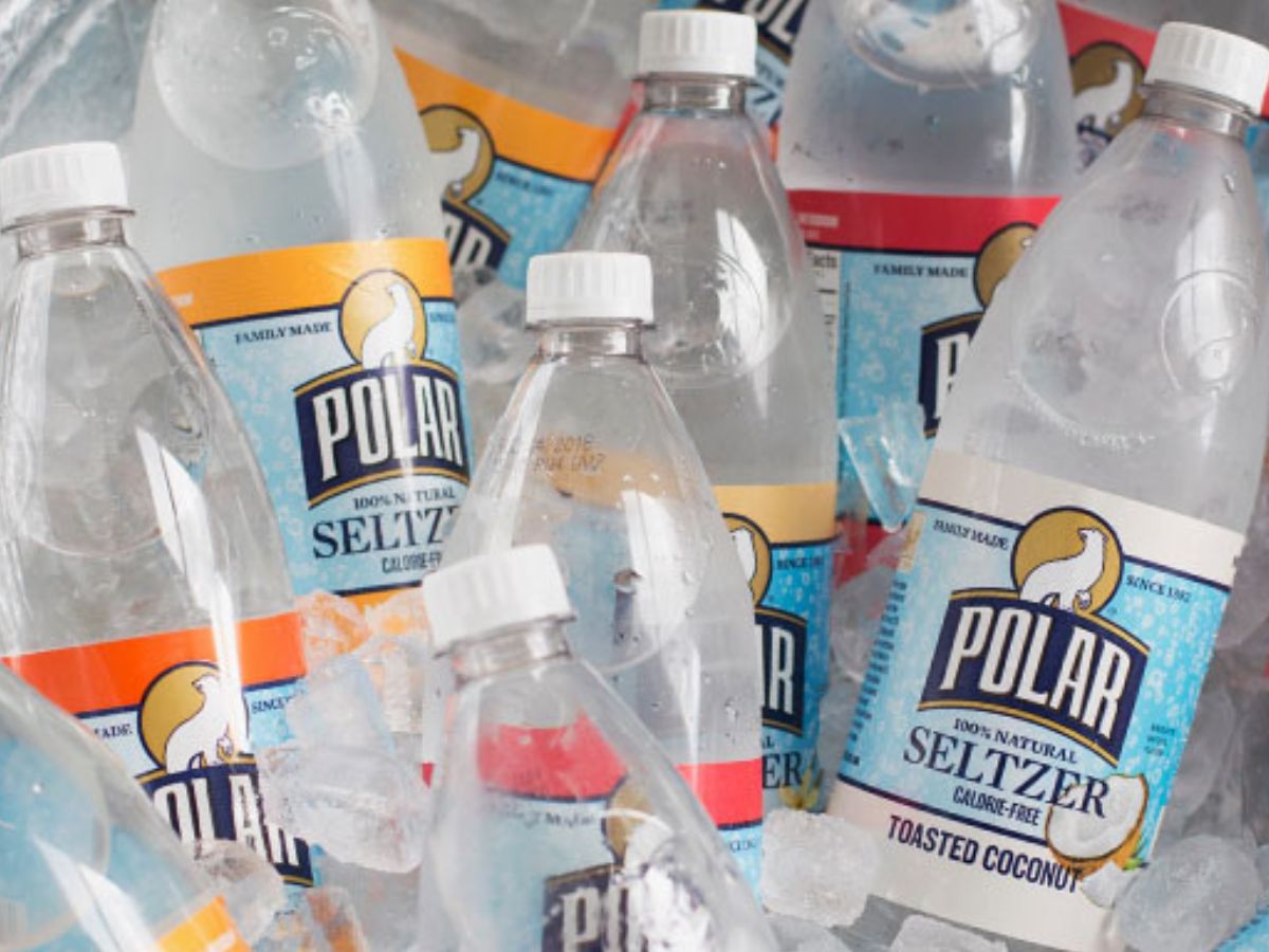 Lots of 1 liter bottles of polar seltzer on ice