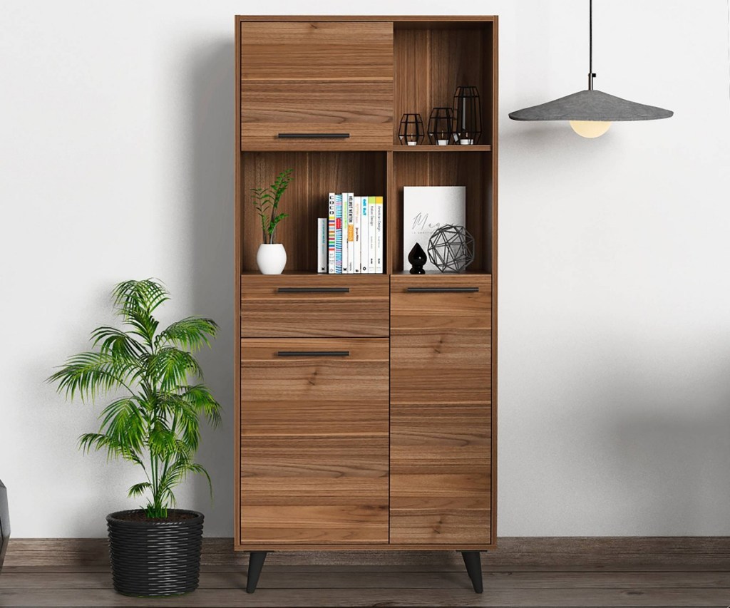 tall wood bookcase in home